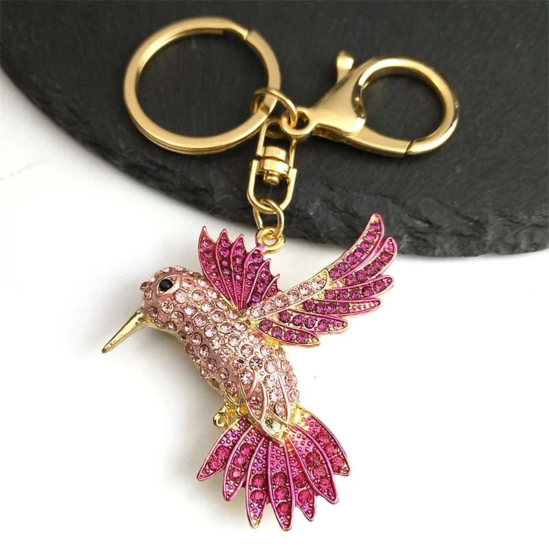 Pink Hummingbird Keychain for Women Men Rhinestone Gold Color Alloy Animal Birds Purse Bag Key Chain Jewelry llavero K9217S01