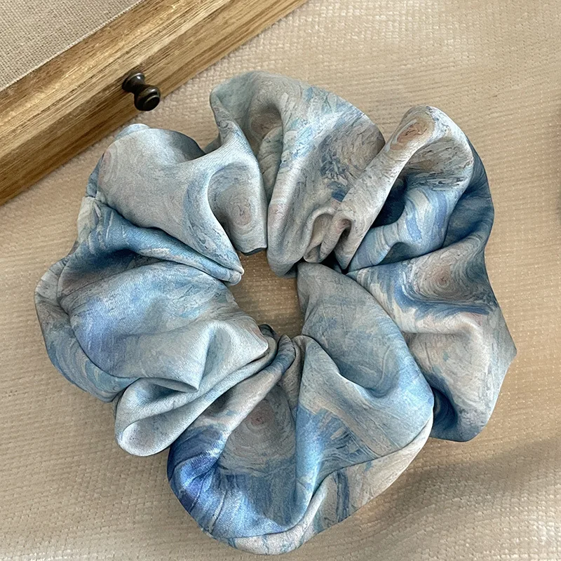 Over Sized Blue Scrunchies For Hair Satin Silk Girls Glossy Elastic Hairties Floral Oil Painting Hair Accessories for Women