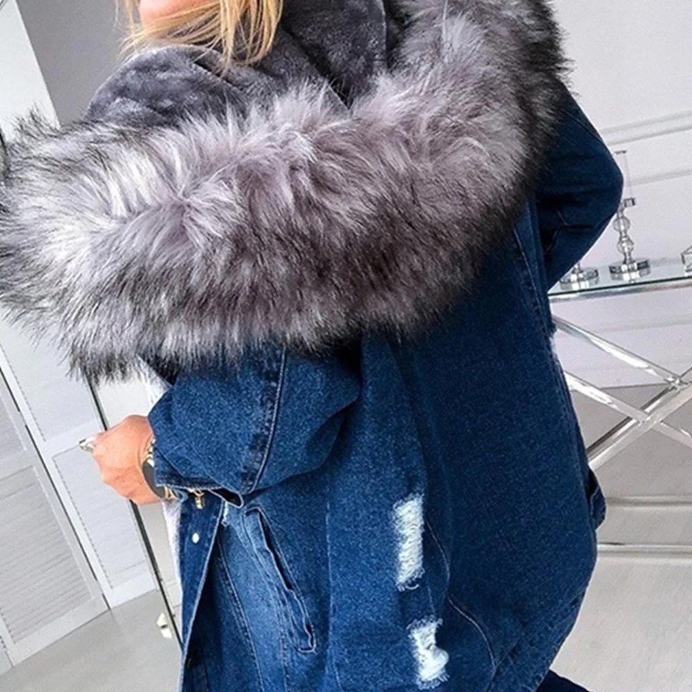 Women Winter Warm Fluffy Collar Hooded Denim Jacket Thick Plush Lined Warm Long Sleeve Jean Coat Button Down Oversized Loose Out