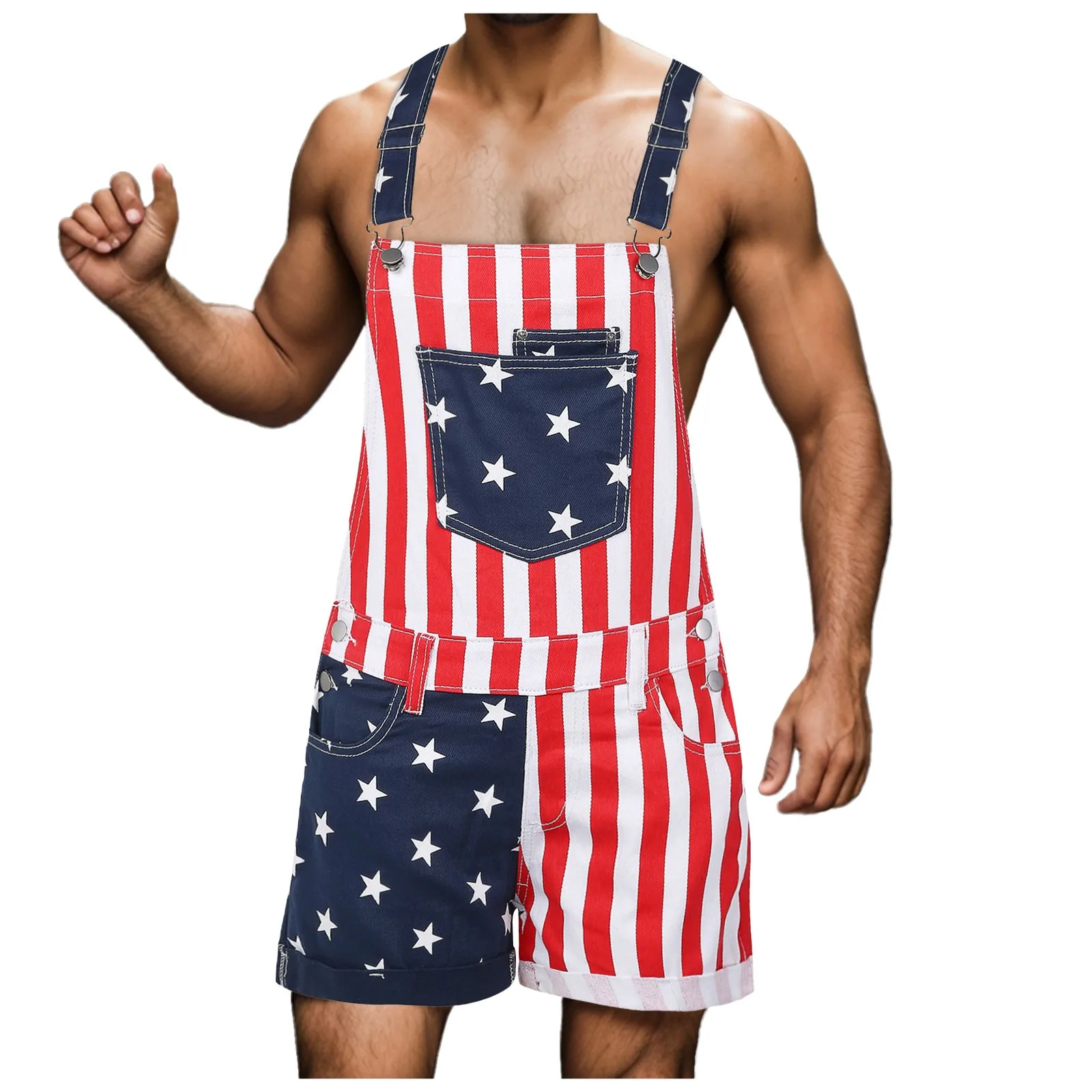 Summer American Flag Men's Jumpsuits Star Printed Women's Jeans Overalls Casual Light Weight Surpender Shorts Trousers