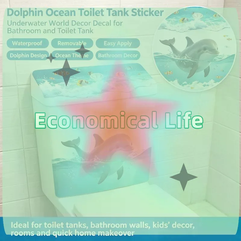 [MOA]Cute Dolphin Toilet Tank Sticker Ocean Wave Vinyl Decal For Bathroom Decor Adhesive Home Decoration Accessories[MOA]