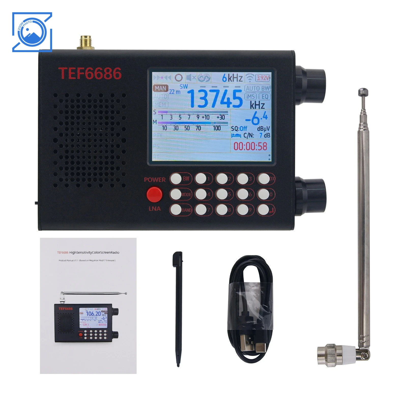 

TEF6686 Radio Portable FM/LW/MW/SW Radio Receiver with 2.8" Color Touch Screen & Built-in Battery
