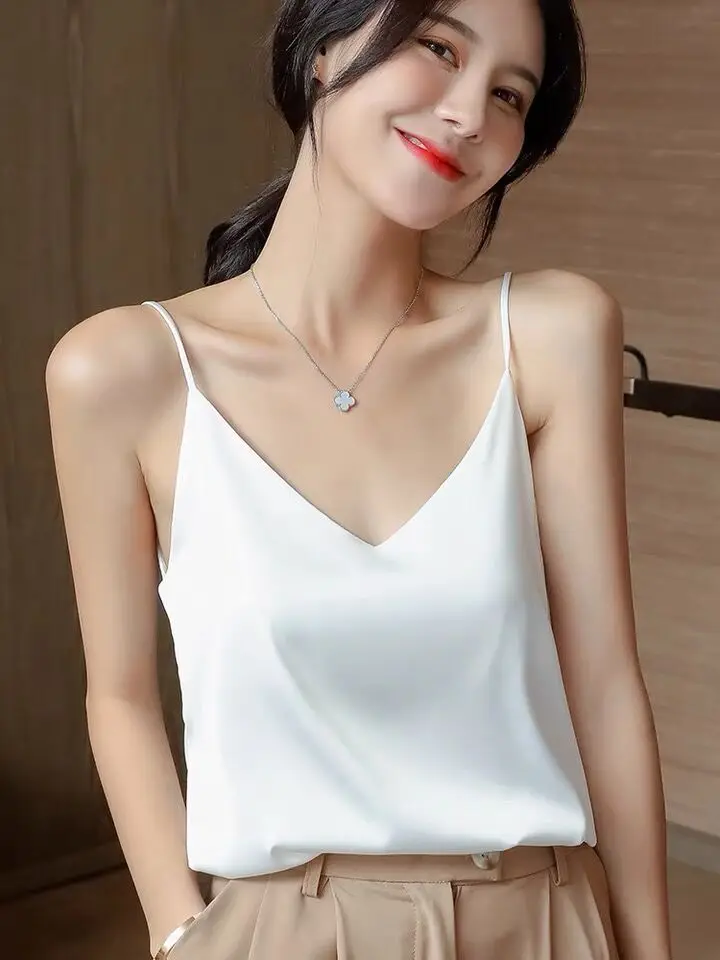 Camisola de satén de seda rosa para mujer, cómoda, con forro de acetato, tops de gasa, tallas grandes, para primavera y verano, camisolas base 2026