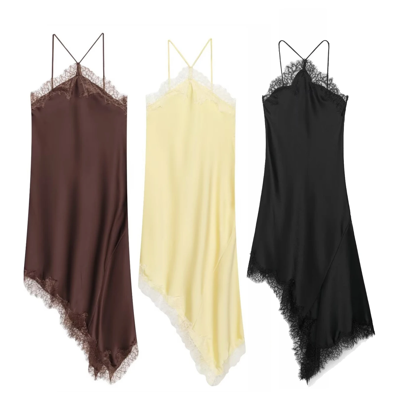 2025 Summer Lady Robes Black Lace Spliced Satin Sexy Short Sling Dress Women V-neck Sleeveless Backless Asymmetric Party Dresses