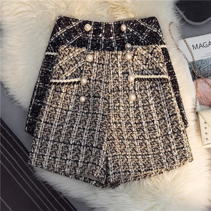 Korean Temperament Shorts For Women Thicked Tweed Wide Leg Pants 2025 New Bottoms Vintage Fashion Pantalones Cortos De Mujer