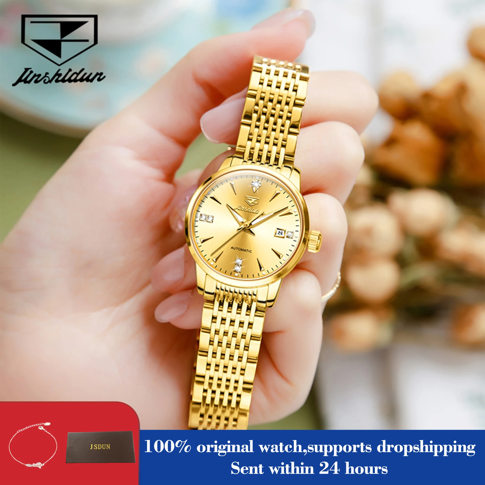 

JSDUN 8943 Watch For Women Luxury Auto Date Waterproof Luminous Mechanical Hand Clock Simple Diamond Fashion Woman Watches