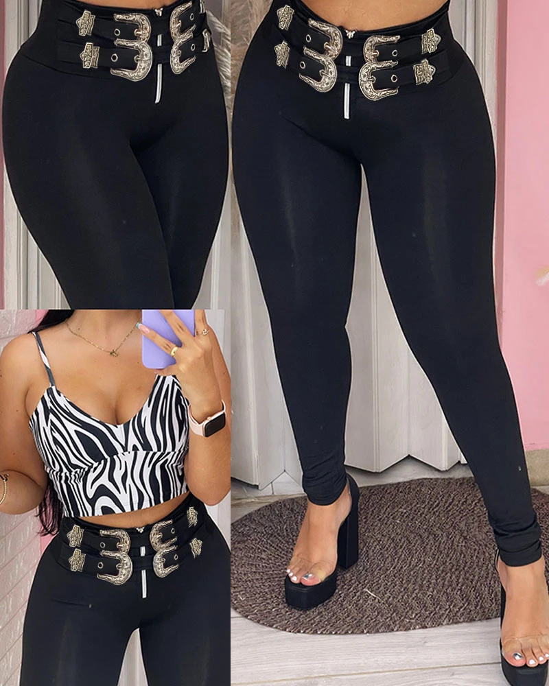 2024 Women Belted High Waist Skinny Pants Slim Fit Pull On Trousers