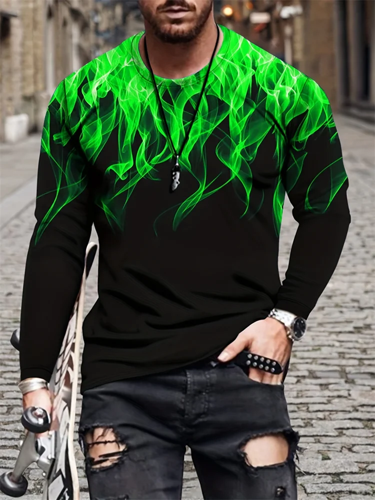 Men's Blue Flame Long Sleeve T-Shirt 3D Print Cyan Smoke Graphic Tee Streetwear Casual Pullover Tops Gift Trendy Fashion