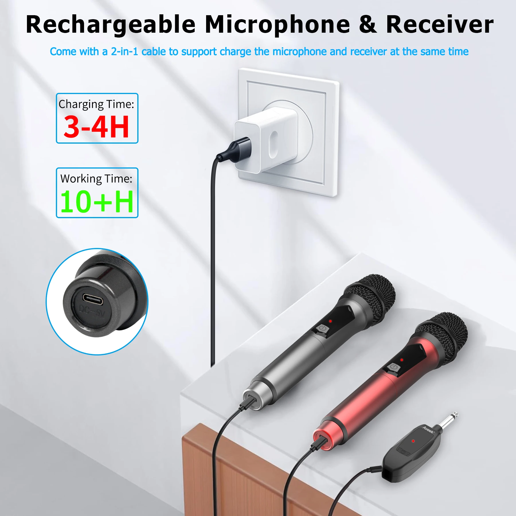 Aveek Wireless Microphone for Speaker and Karaoke Machine, 2.4GHz Rechargeable Karaoke Microphone(Work 10hs),for Parties,2 Packs