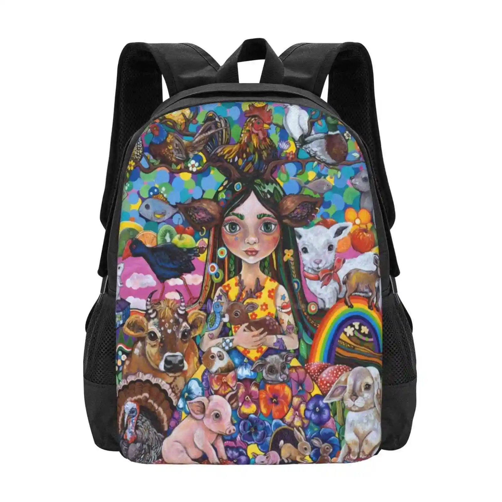 The Protector Teen College Student Backpack Pattern Design Bags Protector Earth Goddess Animals Vegan Protection Love