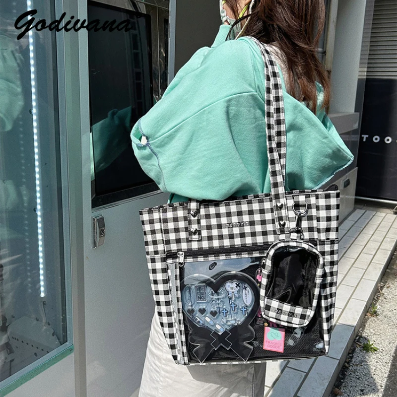 2024 Summer New Plaid Shoulder Bag Original Design Girl Women's Large Capacity Tote Lightweight Cartoon Backpack Handbags