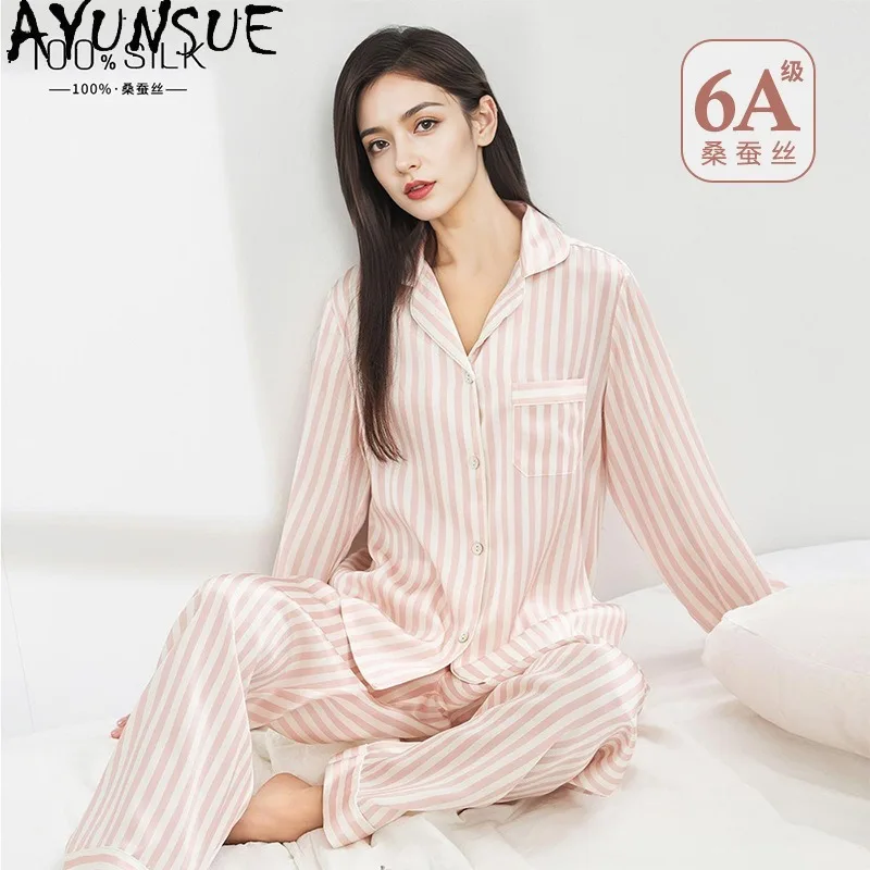 AYUNSUE 100% Silk Stripe Sleepwear Woman Casual Pajamas for Women Long Sleeve Tops Long Pajama Pants Womens Matching Sets 잠옷