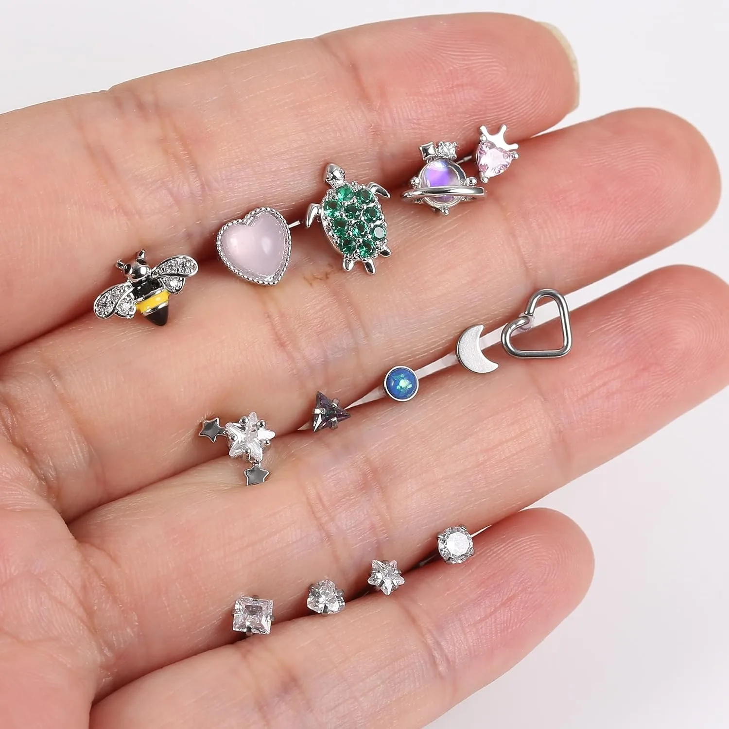 Drperfect 14PCS Surgical Steel Stud Earrings Set for Women Flat Back Tragus Medusa Nose Labret Conch Helix Piercing Jewelry Gift