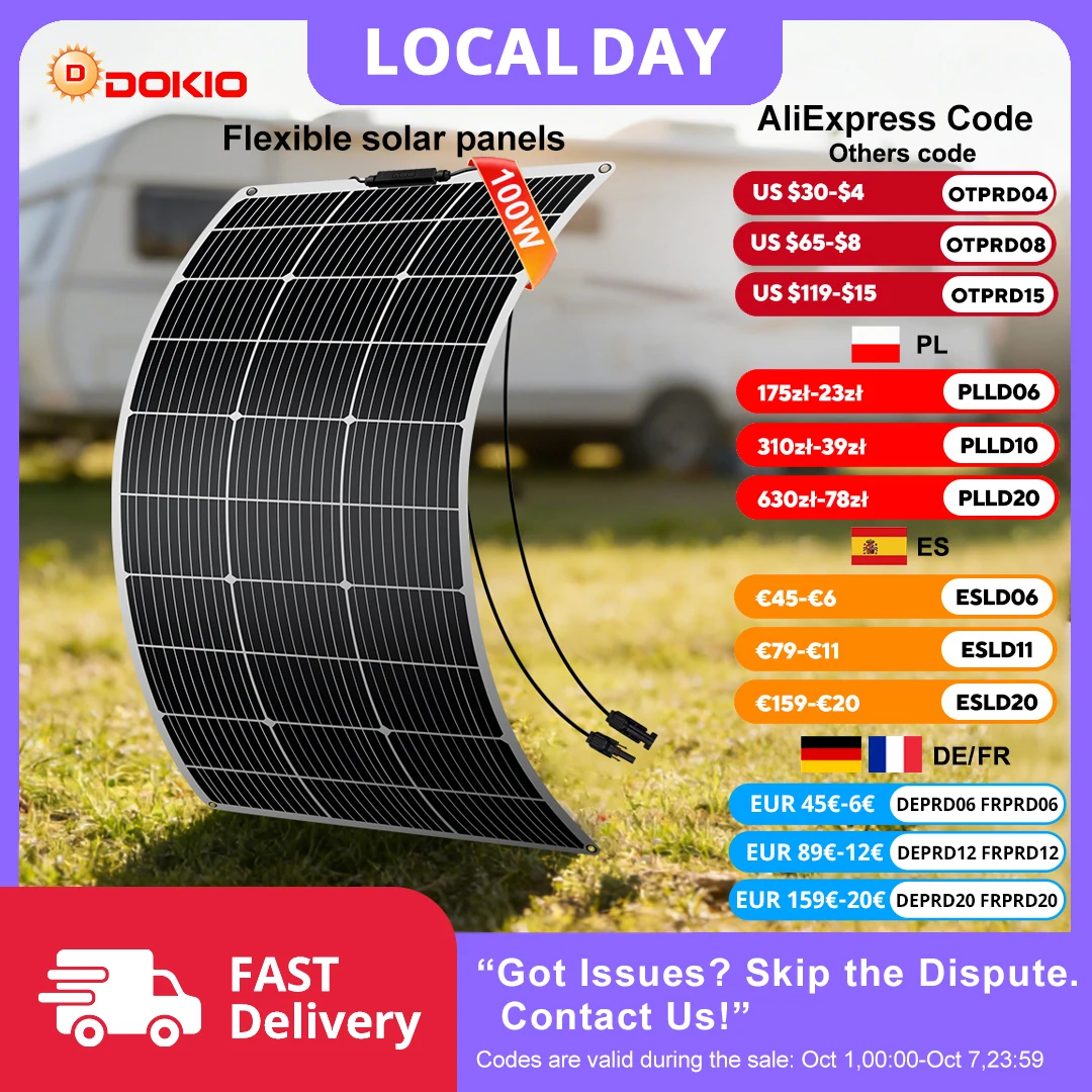 Kit Pannello Solare Flessibile Monocristallino DOKIO 100W 18V / Cavo 8m | Caricabatterie Impermeabile 12V per Auto, Casa, Camper