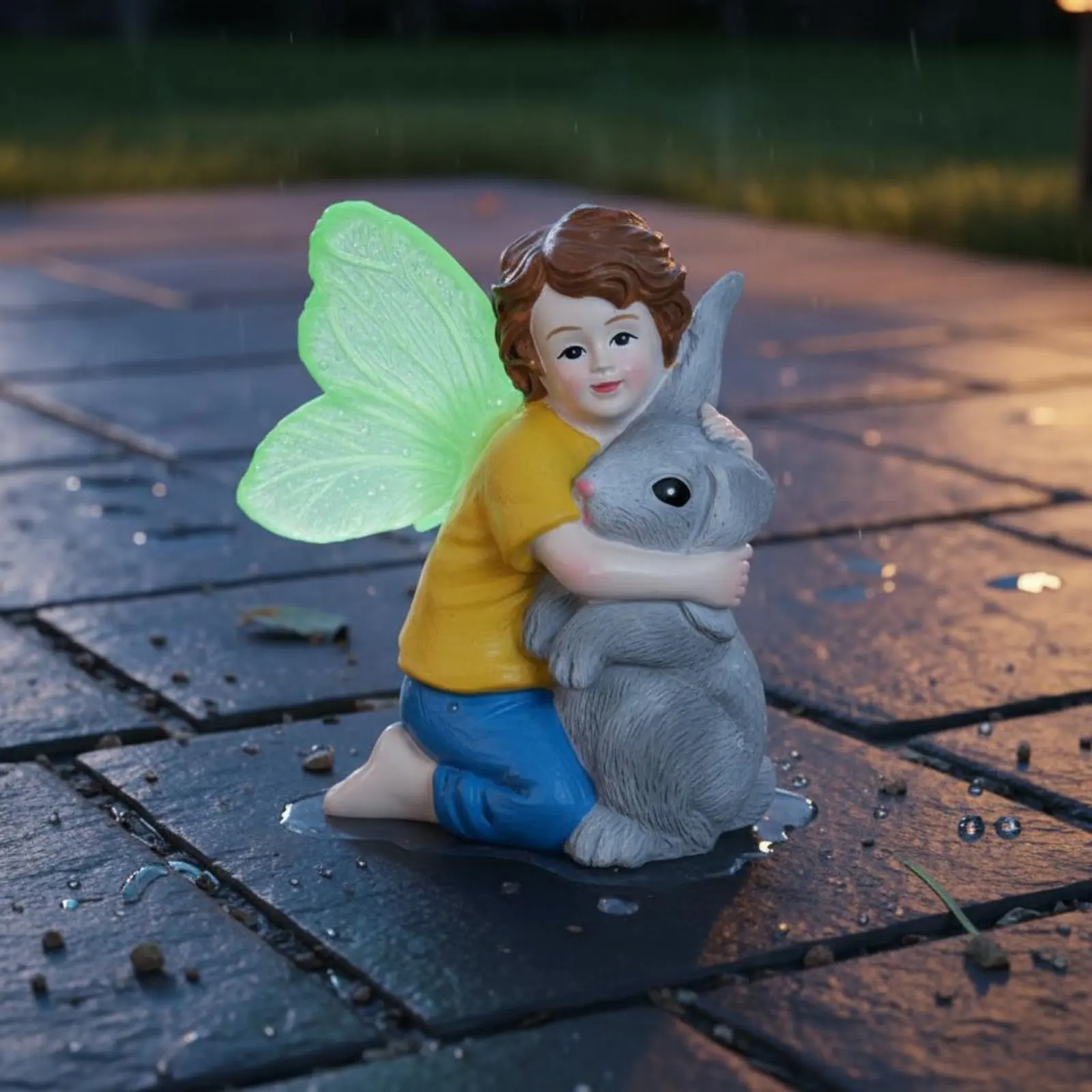 

Lad Fairy Hugging Hare Statue Radiant at Night Fairy Lad with Hare Figurine Garden Decor Handmade Craft for Potted Plants