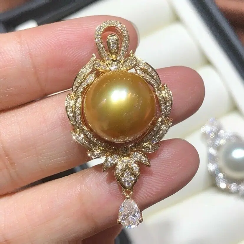 Gorgeous AAAAA Huge 14mm South Sea Golden shell pearl pendant necklace 18