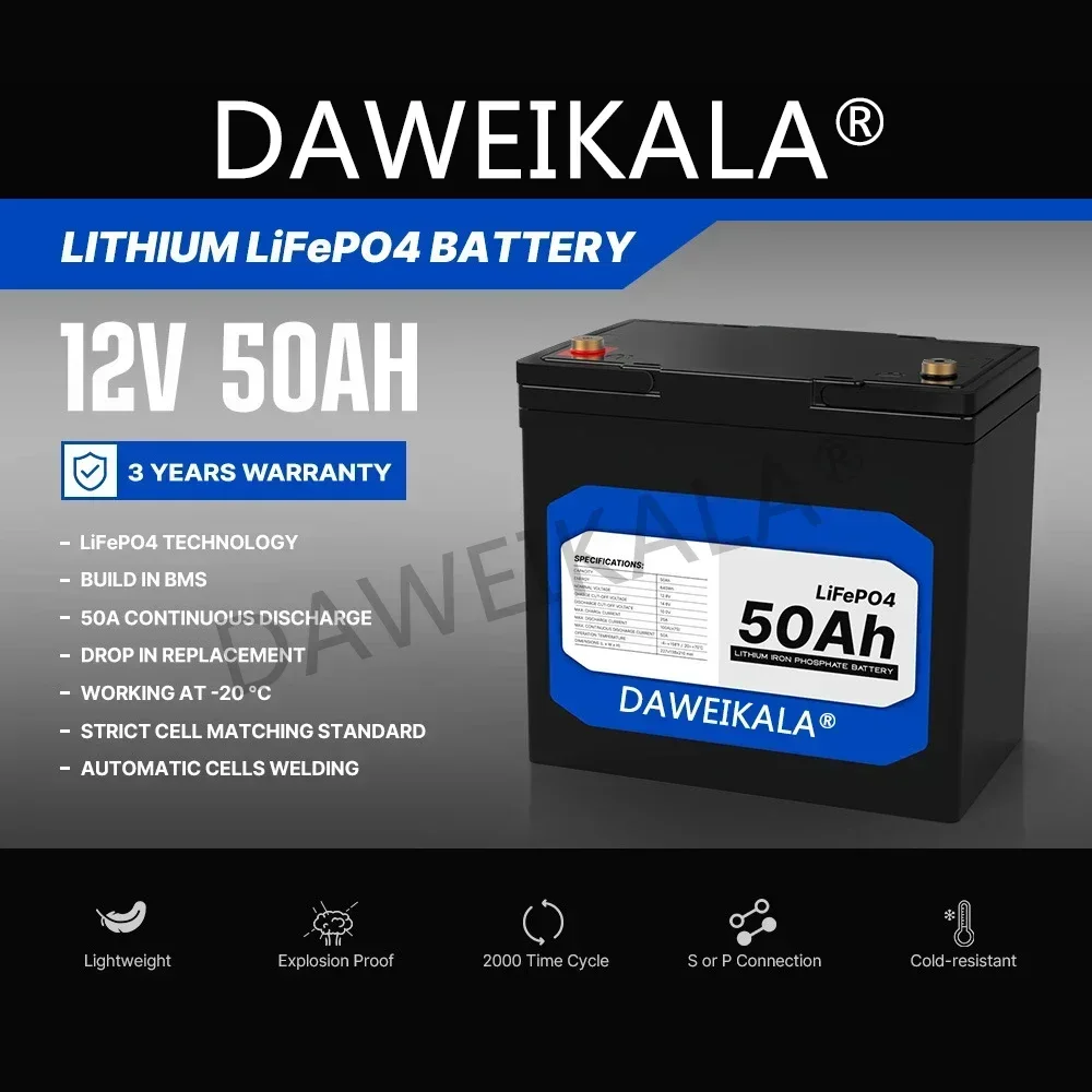 12V LiFePo4 Battery 12V 50Ah Lithium Iron Phosphate 12V 24V LiFePo4 Rechargeable Batteries for Kid Scooters Boat Motor No Tax