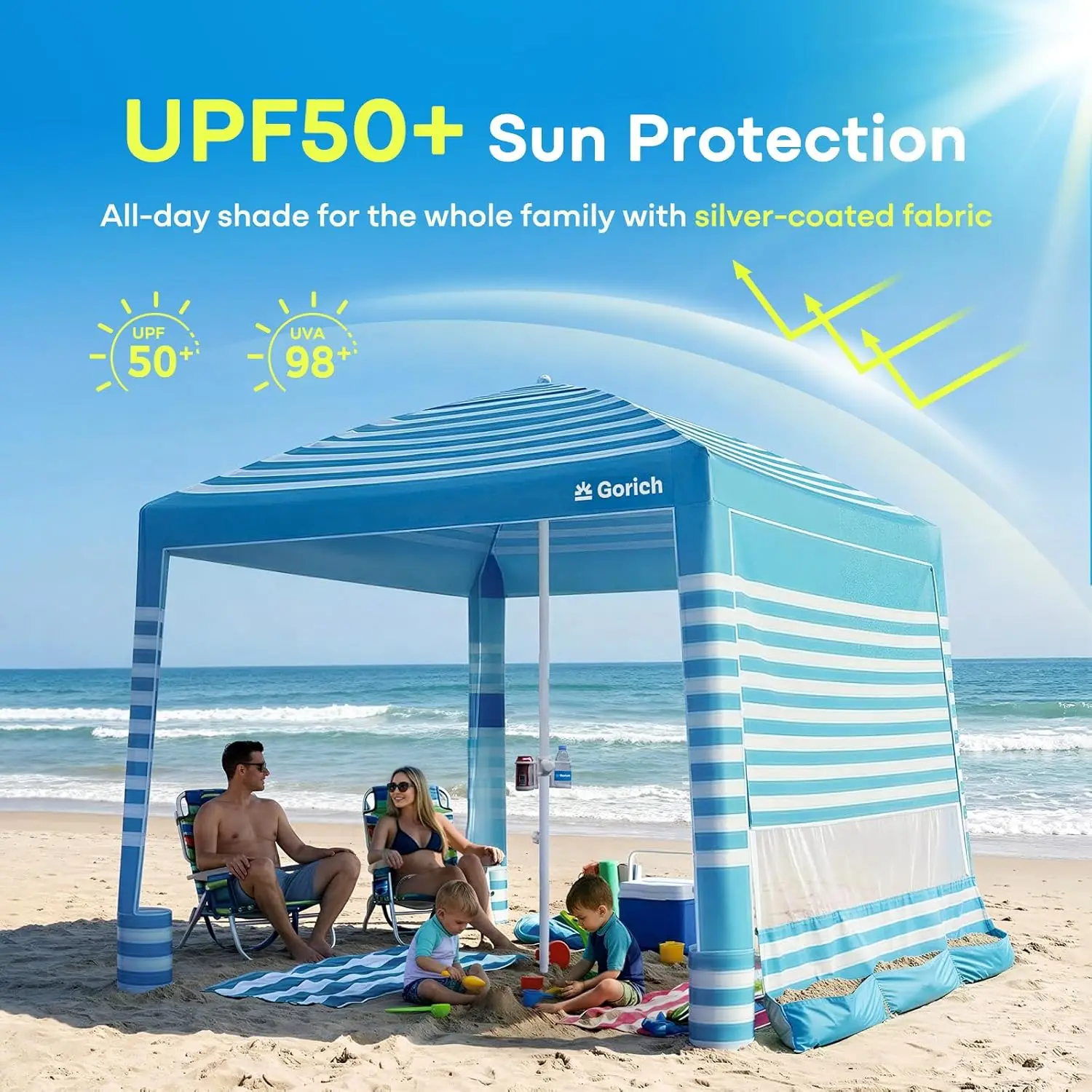 Beach Cabana with UPF50+ UV Protection, 8x8 FT/10x10 FT Beach Canopy Tent with Side Wall, Easy Setup, Windproof Portable Sun She