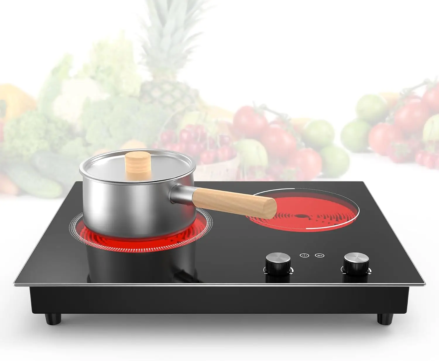 Electric Cooktop,1110V 2100W 2 Burner stove,Built-in & Countertop Stove Top with10 Heating Level, Timer & Kid Safety Lock, LED