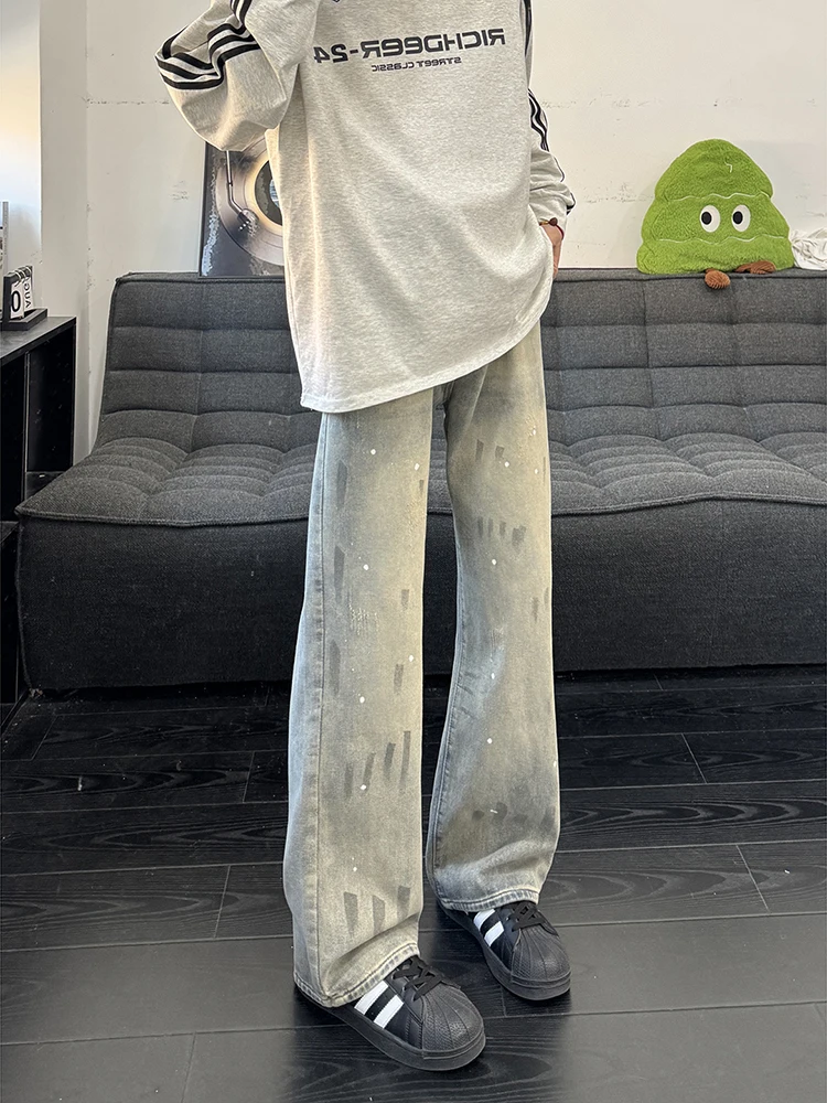 

Мужские джинсы прямого кроя Slim Fit с эффектом потертости, повседневные, со средней посадкой, на молнии, модные, с дизайном «чернильный дроп» и эффектом «изогнутый нож»