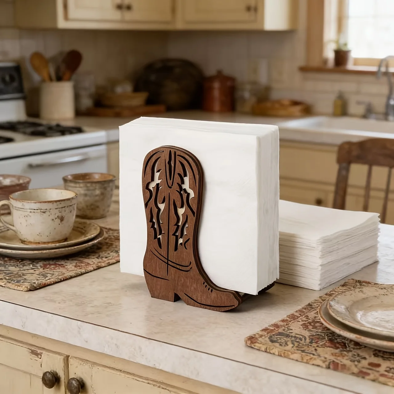 Creative Wooden Napkin Rack Western Cowboy Boot Tissue Holder Home Office Restaurant Napkin Dispenser Vintage Tissue Organizer