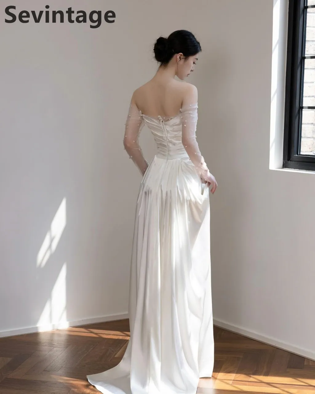 Sevintage marfil coreano sirena vestido de novia satén fuera del hombro vestido de novia de manga larga elegante vestidos de fiesta de boda personalizados