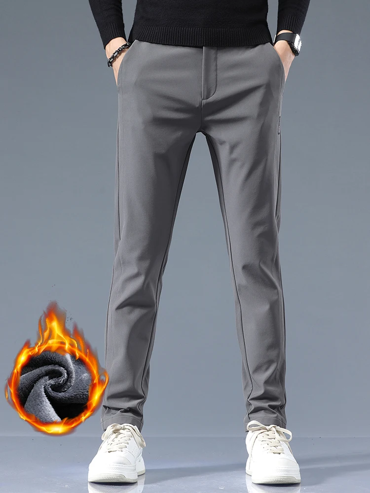 Men Winter Fleece Golf Casual Pants Stretch Business Jogger Slim Velvet Trousers Korean Elastic Waist Fashion Male Thick Pants