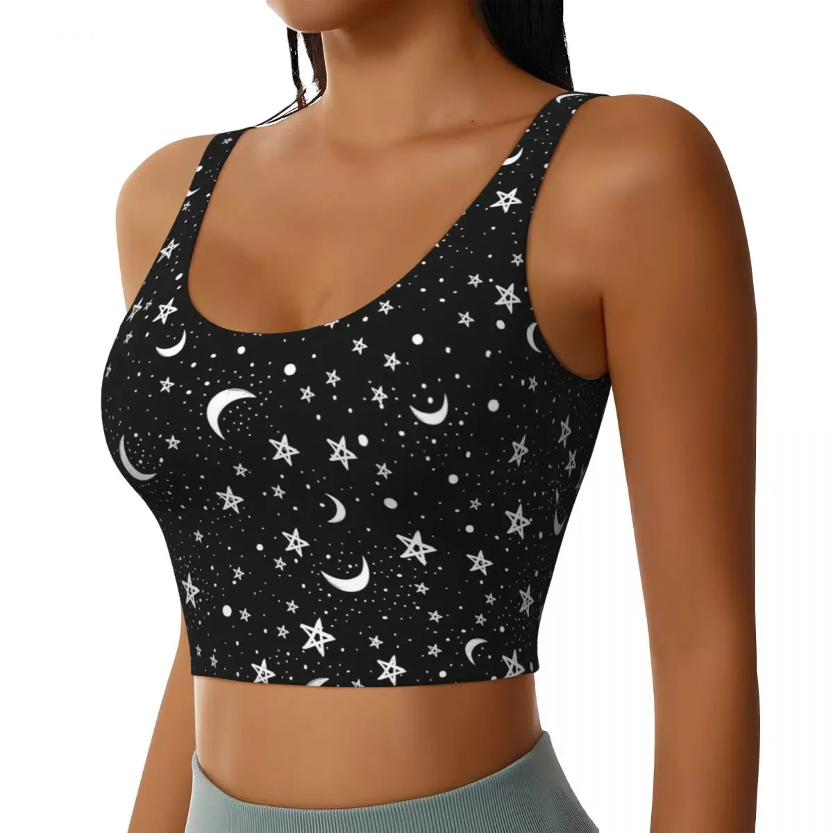 Moon and Stars Print Sports Bras for Women Yoga U Shade Back Tank Tops Gym Bra Adjustable Workout Crop Machine Washable