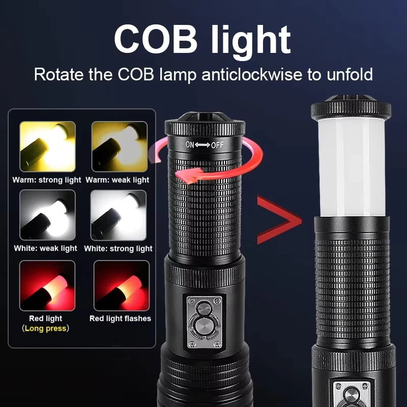 Powerful XHP190LED Multifunctional Flashlight With COB Lamp Outdoor Camping Huning Torch Rechargeable High Power Fishing Lantren