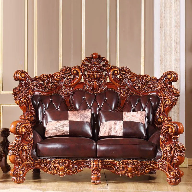 Leather sofa living room first floor cowhide villa solid wood