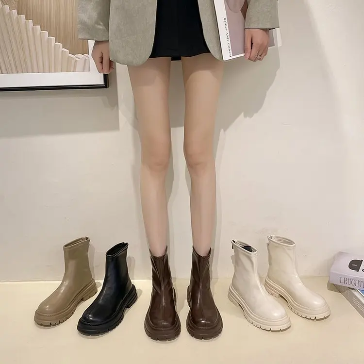 

Women's Thick Bottom Boots round Toe Slim Chelsea Short Boots Rear Zipper Autumn Winter New Style Warm Inner Mesh