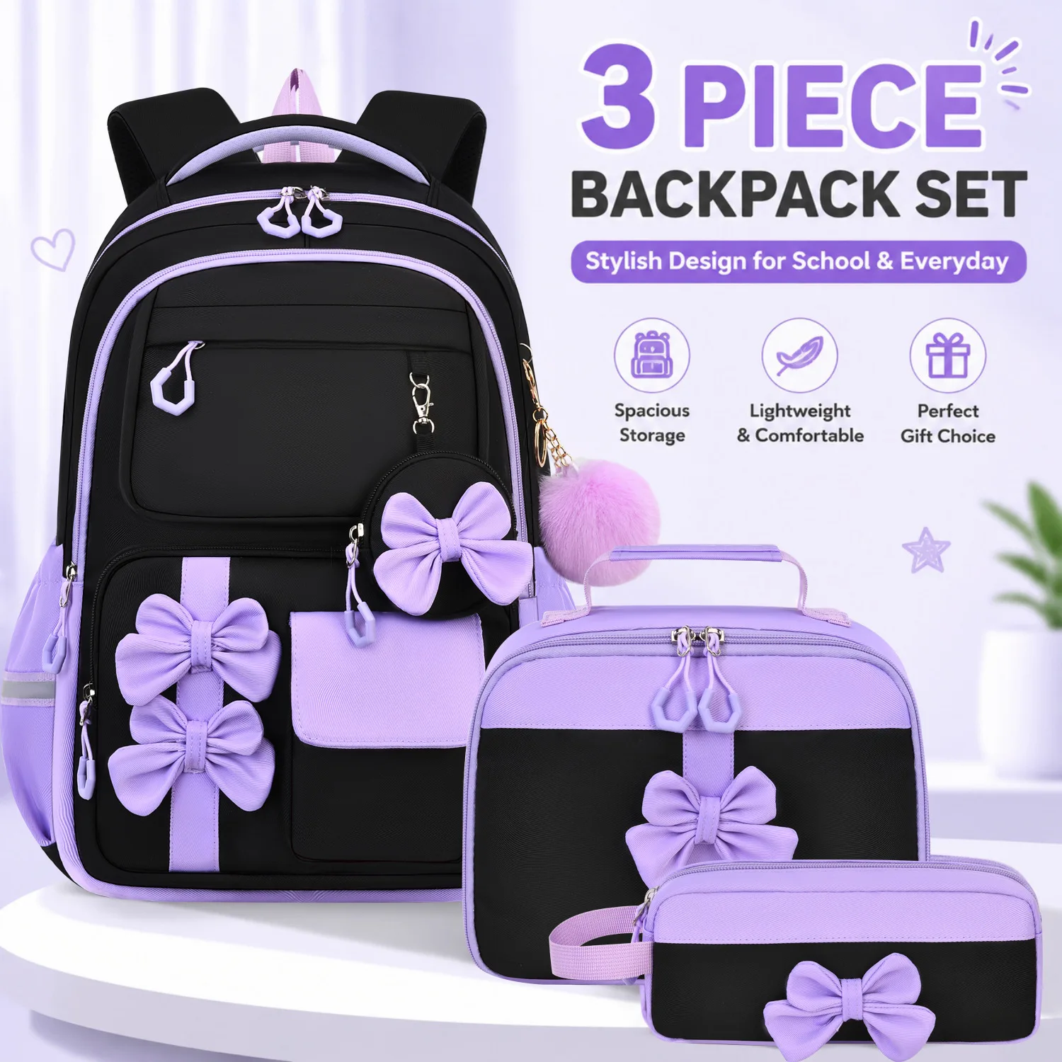 Cute Butterfly Knot Three-Piece Set Primary School Girl's Backpack Large Capacity Lightweight Spine Protection Shoulder Bag