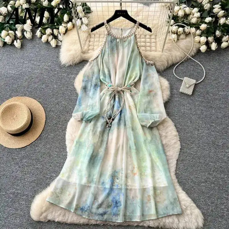 ANJY Summer New Women French Vacation Style Off Shoulder Halter Neck Dress Elegant Chic Waist-Cinching Design Ins Dresses A22043