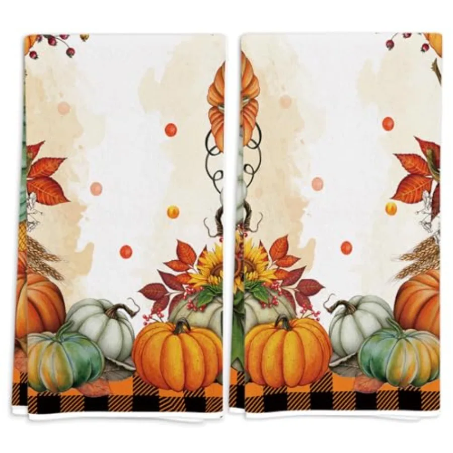 

Осенние кухонные полотенца в клетку «Баффало», черный, оранжевый, с тыквой, набор из 2 кухонных полотенец на День Благодарения, фестиваль урожая, осеннее украшение и