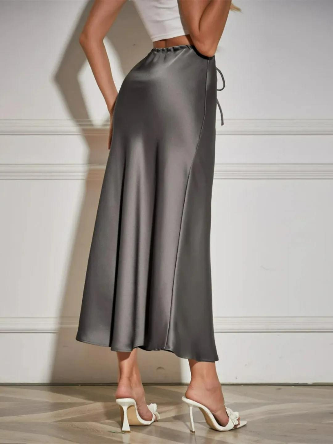 2026 Spring Summer Solid Color Satin Long Skirt For Women High Waist Lace-Up Fashion Elegant Faldas Light Luxury Women's Skirt