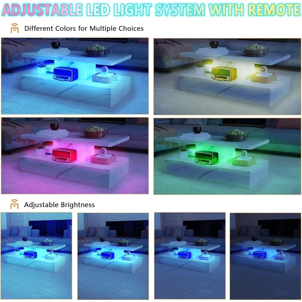 طاولة قهوة عالية اللمعان، طاولة مركزية حديثة باللون الأبيض، مزودة بـ 16 مصباح LED ذكي ملون، تصميم مستطيل مكون من طبقتين