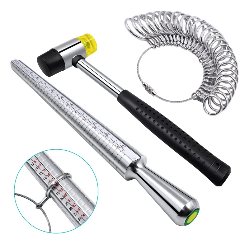 

A83F-Ring Sizer Measuring Tool Set Including Ring Mandrel Metal Ring Sizer Gauge Kit Rubber Jeweler's Mallet Hammer US Plug