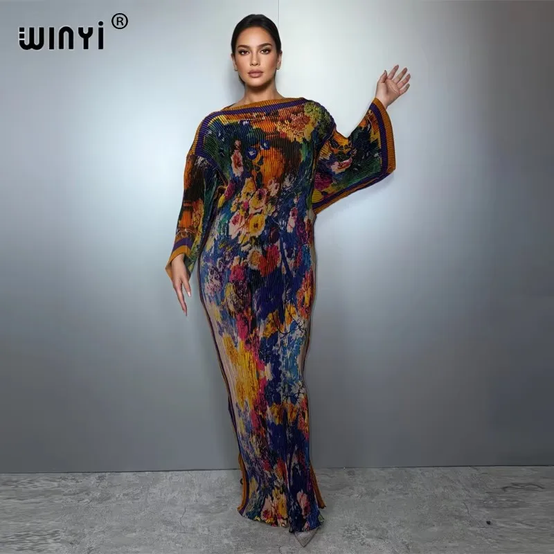 WINYI summer Pleated Elastic loose dress holiday boho beach cover up maxi kaftan abaya muslim woman dubai luxury party dresses view 4