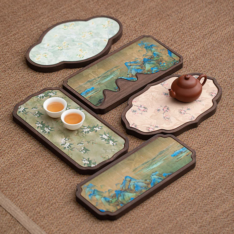 Wooden Tea Tray, Walnut Color Rectangular Tea Set Holder with Water Absorption & Dry Soaking Design - Chinese Style Tea Ceremony