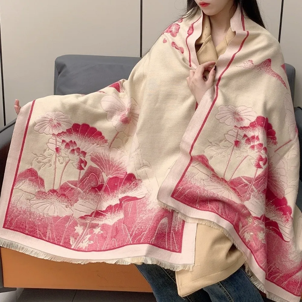 Chinese Style Imitation Cashmere Scarf Ink Painting Theme Double-sided Pashmina Blanket Thick Warm Poncho Scarves Winter Season