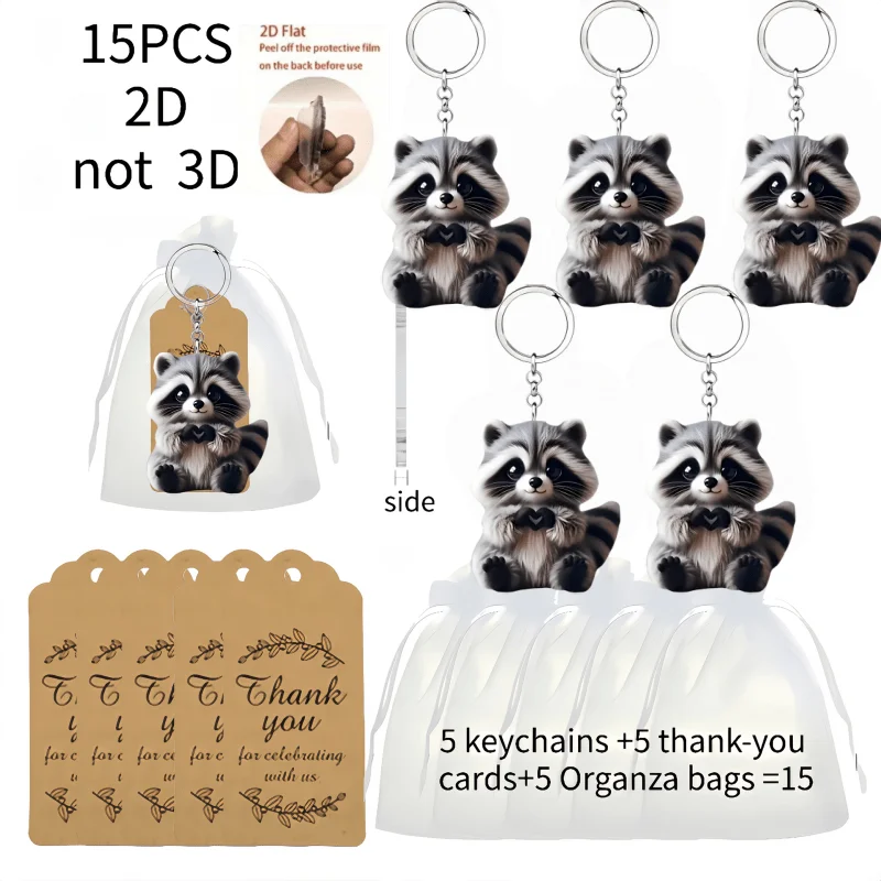 5sets Heart Raccoon Keychain Includes Acrylic 2D Pendants & Thank You Cards & Organza Bags Decorative Additions Holiday Gifts