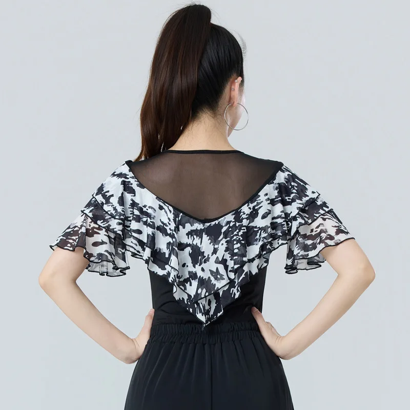 2025 Summer New Female Adult Latin Dance Top Mesh Printing Medium Sleeve Crew Neck Dance Practice Clothes