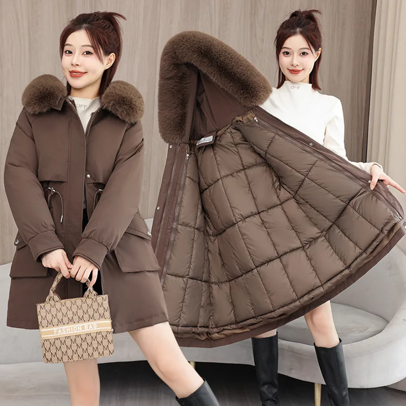 

Women Parkas Coats Mid Lenth Jackets Hooded Solid Zipper Pocket Drawstring Fur Collar Long Sleeve Loose Thick Casual 2025 Winter