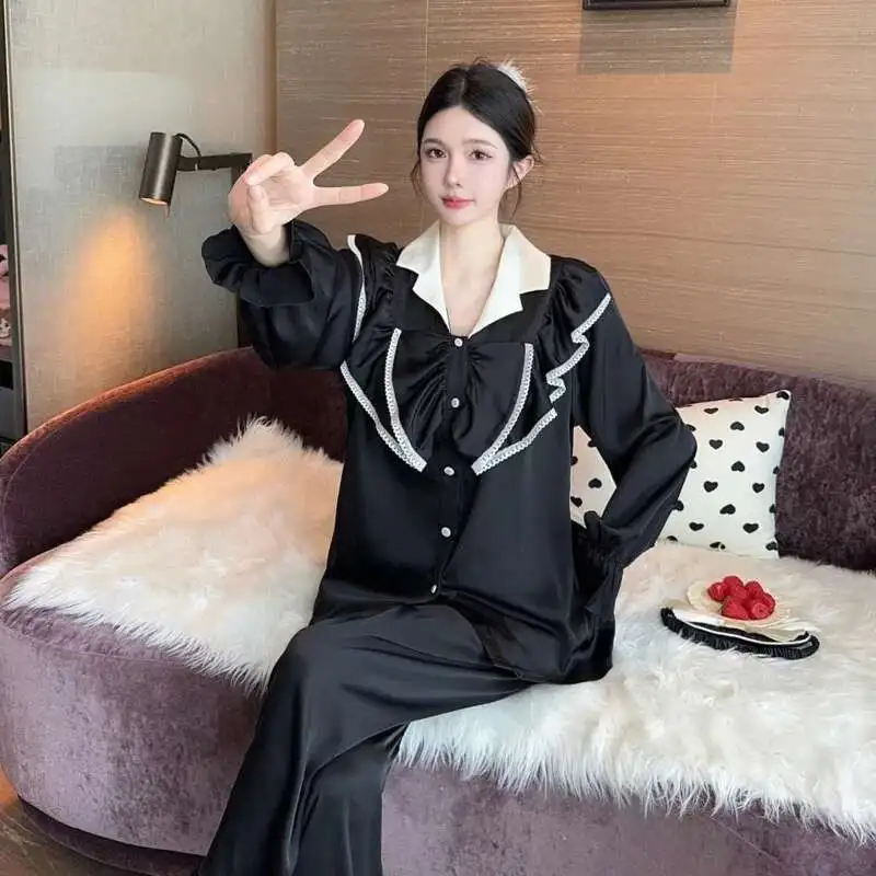 

2025 Bow Spring Summer Ins Style Pajamas Women Ice Silk Two Piece Set Long Sleeve Pants High Quality Nightgown Sleepwear V-neck