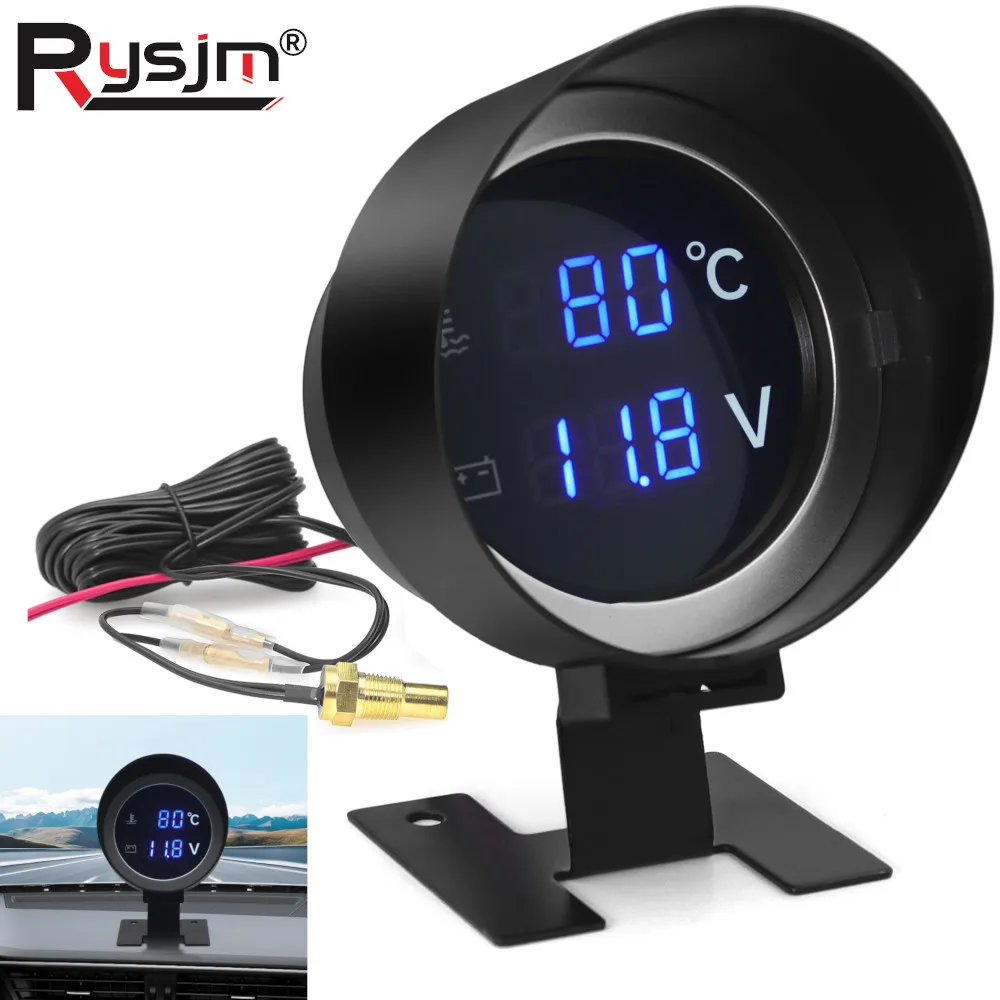 12V 24V 2in1 Digital Car Water Temp Gauge + Voltmeter Round Led Car Truck VOLTS Gauges with Temperature Sensor Temperatura 10mm