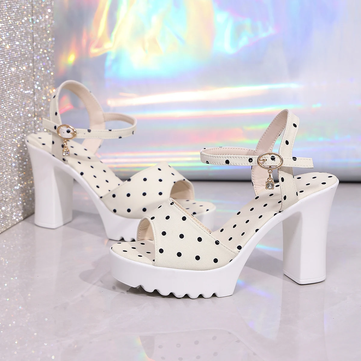 New Summer Women polka dots Platform Thick Bottom High-Heel Open Toe Ankle buckle Sandals sexy Fashion banquet Party Dress Shoes