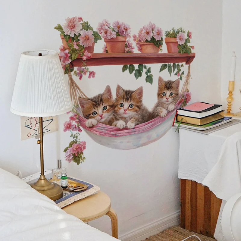 رسمت زهرة النبات بوعاء القط أرجوحة دراسة غرفة نوم غرفة الأطفال ديكور الجدار ملصق ذاتية اللصق القابلة للإزالة