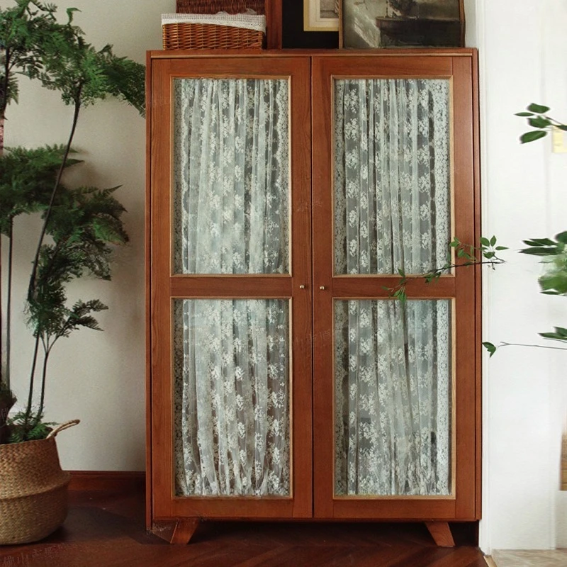 Large wardrobe French retro double door wardrobe solid wood gauze curtain American glass cabinet small apartment bedroom