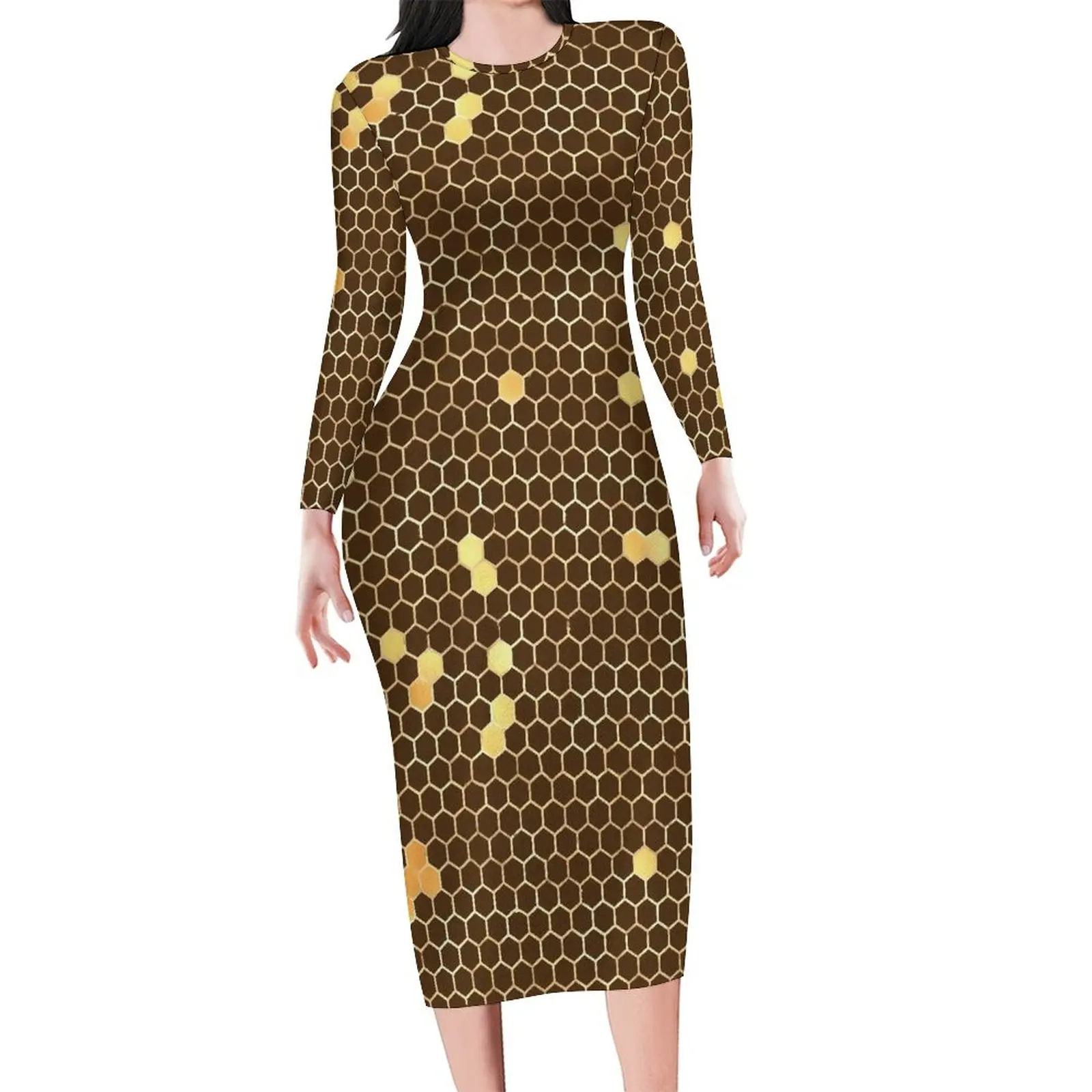 Bee Hives Bodycon Dress Summer Gold And Black Sexy Dresses Women Long Sleeve Design Street Fashion Dress Big Size