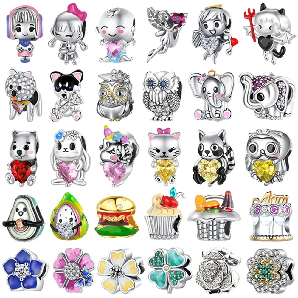 

Original 925 Sterling Silver Girl Boy Angel Demon Animal Avocado Burger Cake Flower Beads for Pandora Bracelet DIY Jewellery